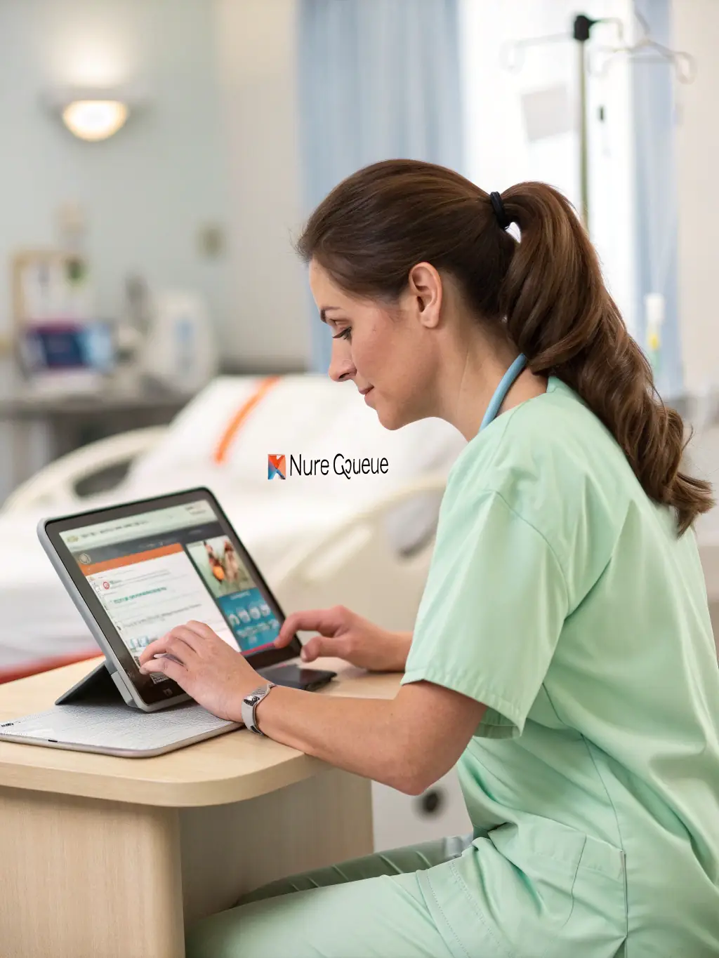 A nurse using a tablet to fill out a patient's information form in a brightly lit hospital room, showcasing the form's adaptability to different devices.