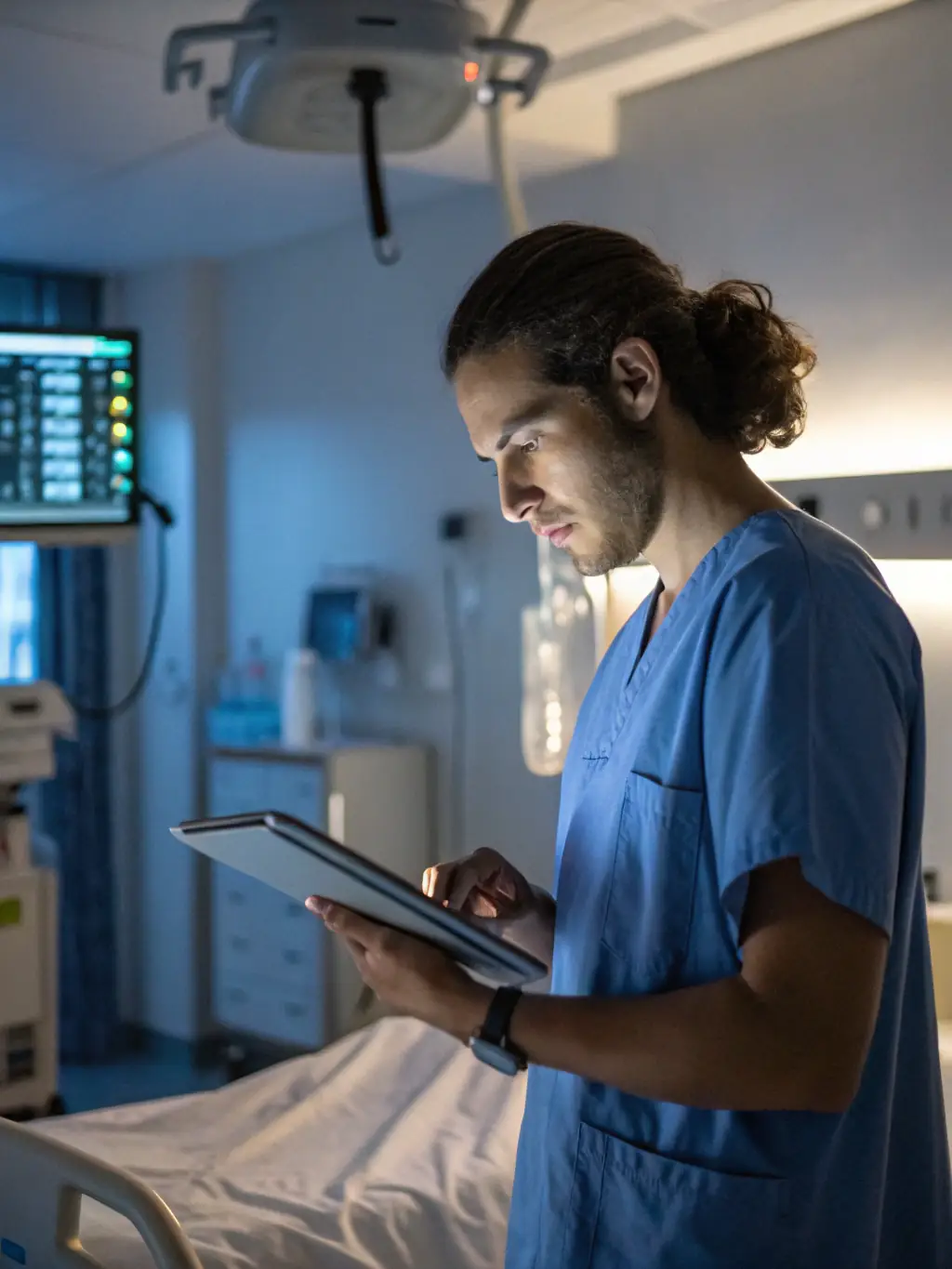 A nurse using a tablet to administer medication, with a clear display of Medstep's eMAR interface showing patient information and dosage details. The setting is a modern hospital room.