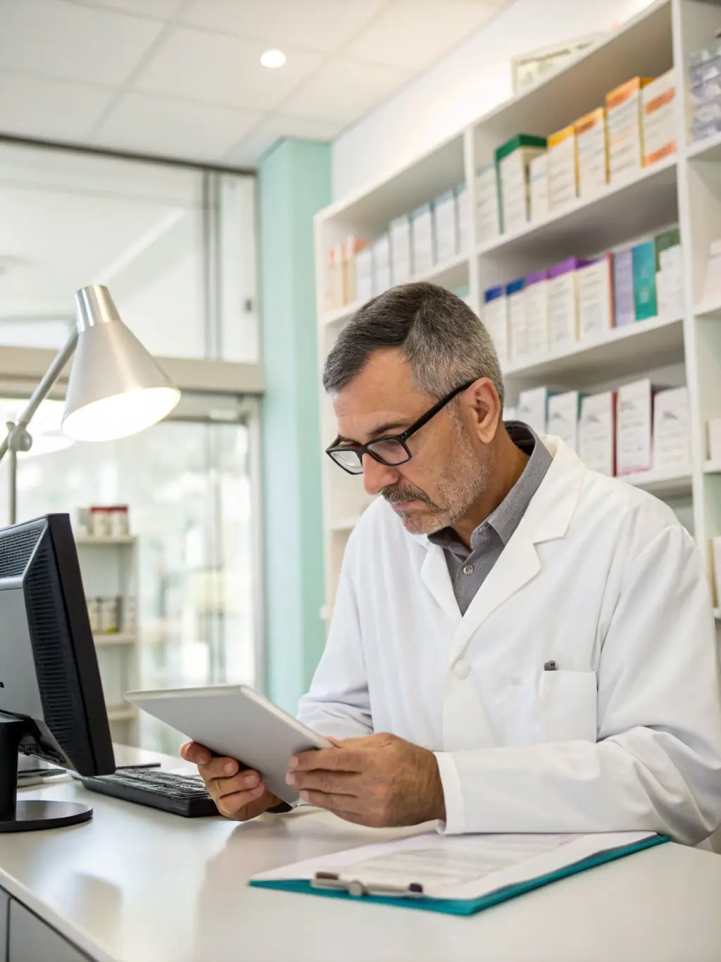 A pharmacist verifying a prescription using Medstep's eMAR system, highlighting the system's integration with pharmacy databases and automated verification processes.