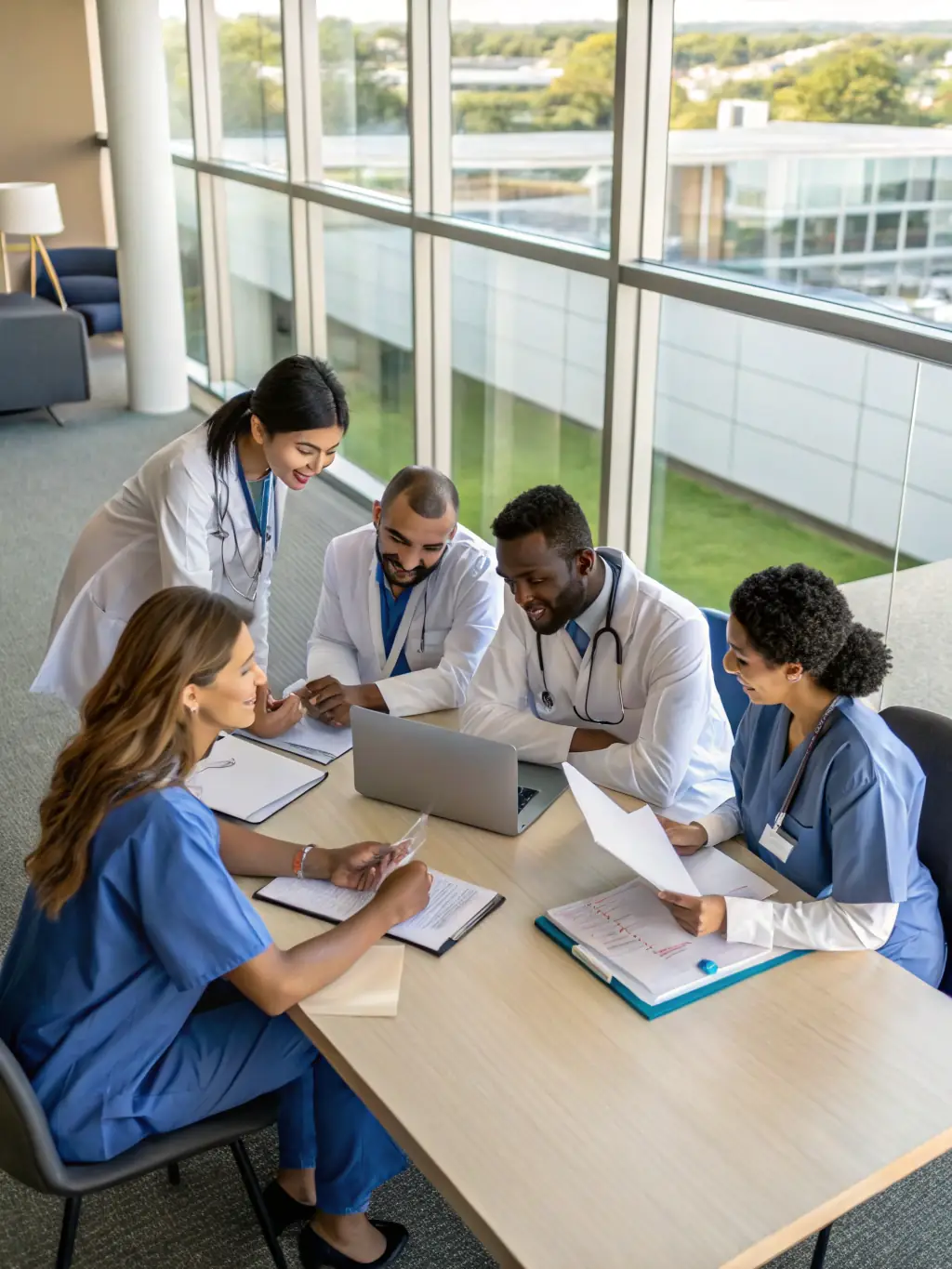 A diverse team of healthcare professionals collaborating around a computer screen, reviewing patient information entered via the form, emphasizing teamwork and accuracy.