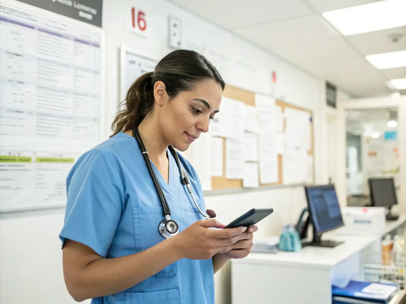 A nurse using a tablet to scan a medication barcode, with a patient's chart visible in the background, showcasing the medication administration process.